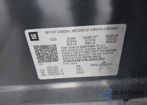 2020 Chevrolet Equinox Awd 1Fl from USA, damaged, VIN 2GNAX5EV4L6261393